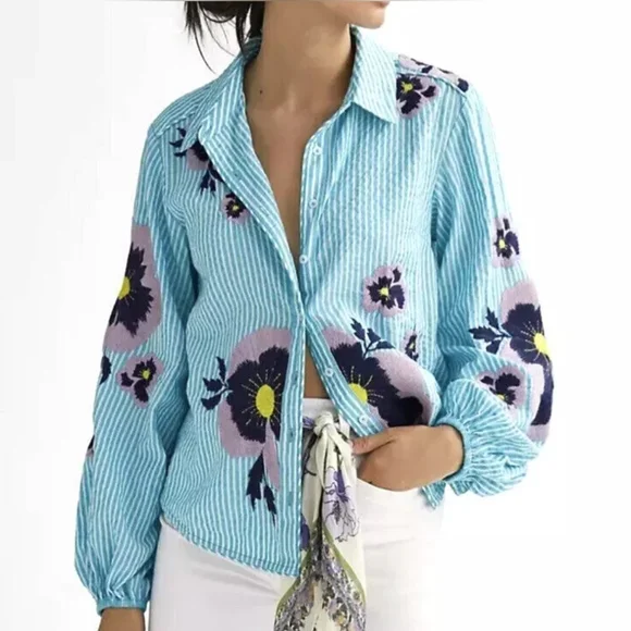 Anthropologie Maeve Floral Embroidered Buttondown Shirt Size XL Preppy - Picture 2 of 14